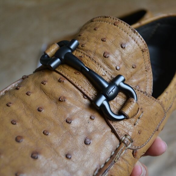 Salvatore Ferragamo Tan Brown Ostrich Leather Loafers, Limited Edition, Size 13 main image 5